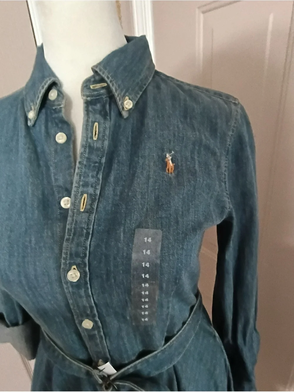 Polo Ralph Lauren girls' belted denim shirtdress with a fit-n-flare style. Sz 14